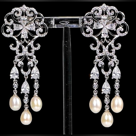 Pearl & CZ 1.00 ctw Earrings in Rhodium over Sterling Silver